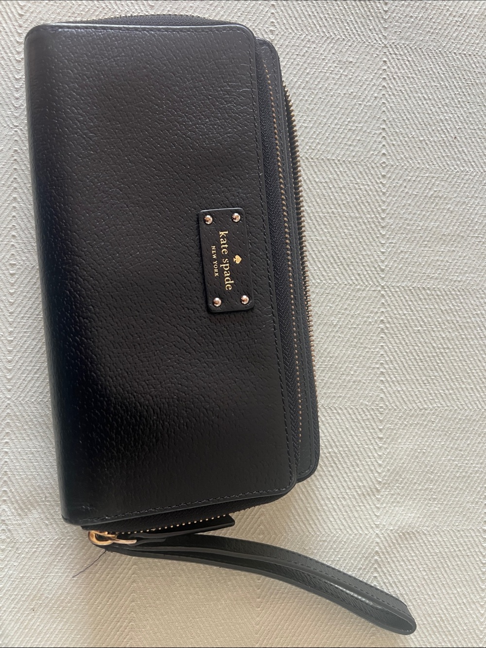 kate spade Black Leather Zip Wristlet Wallet with Gold Hardware